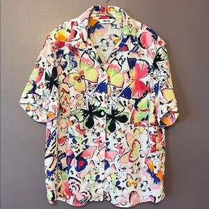 Vintage Alia Multi Color Retro Butterfly Print Short Sleeved Blouse L/XL